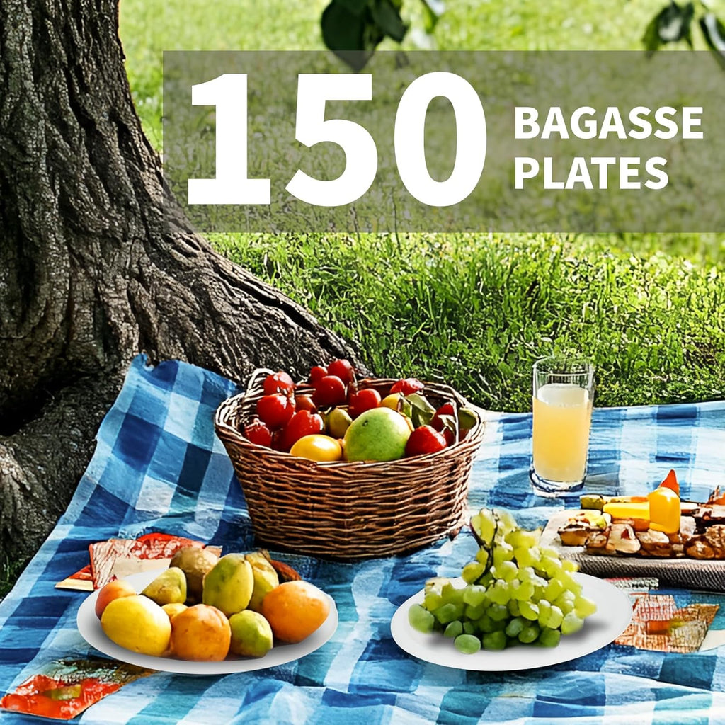 Compostable Paper Plates 9 Inch - 100% Biodegradable, Heavy Duty Eco-Friendly Disposable Plates for Camping，Parties, Weddings, BBQ (150 Pack) (9" White Plates)