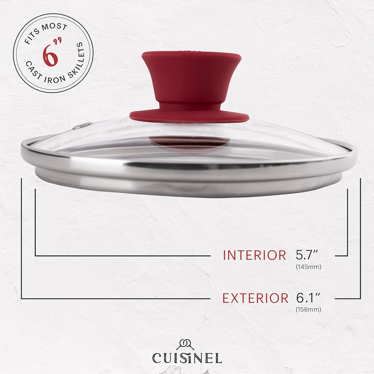 Cuisinel Glass Lid with Steam Vent Hole - 6"-Inch/15.24cm - Compatible with Lodge Cast Iron Skillet Pan - Fully Assembled Universal Replacement Cover - Tempered, Oven Safe - Reinforced Stainless Rim