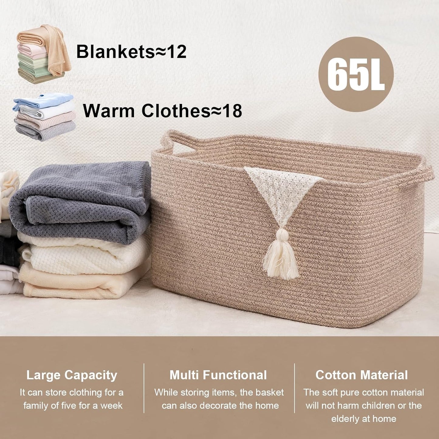 65L Large Storage Basket, Cotton Rope Woven Blanket Basket, Toy Storage for Baby Room, Living Room, Brown