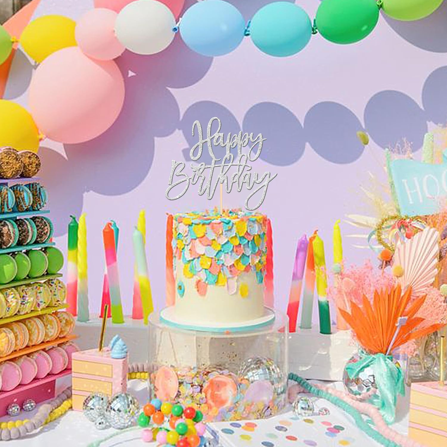 ZHUOWEISM 1 PCS Happy Birthday Cake Topper Glitter Happy Birthday Cake Pick for Celebrating Happy Birthday Anniversary Theme Party Cake Decorations Supplies Silver