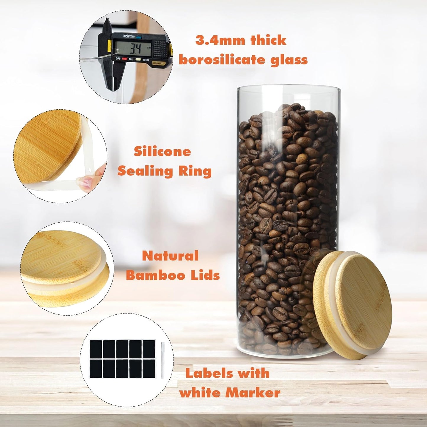 Glass Storage Containers with Airtight Bamboo Lids,Round Glass Jars Pantry Organizers,Perfect for Kitchen Organization - Flour, Rice, Pasta, Sugar, Coffee Beans, Accessories Included (43oz*6)