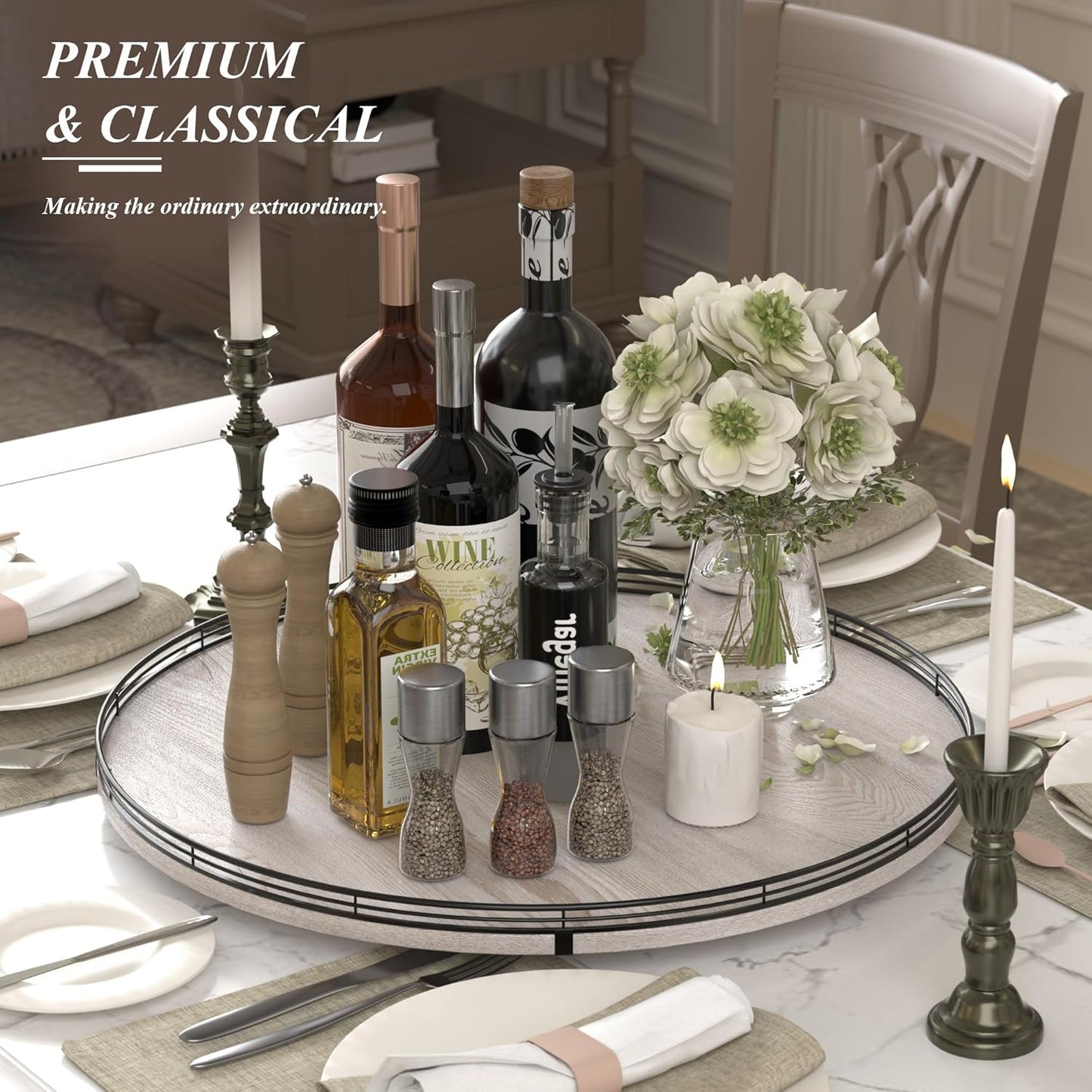 24" Lazy Susan Wood Turntable Organizer for Kitchen Decor, Farmhouse Round Wooden Larger Lazy Susan Organization and Storage for Cabinet, Dining Table, Pantry, Bathroom, Countertop, Centerpiece