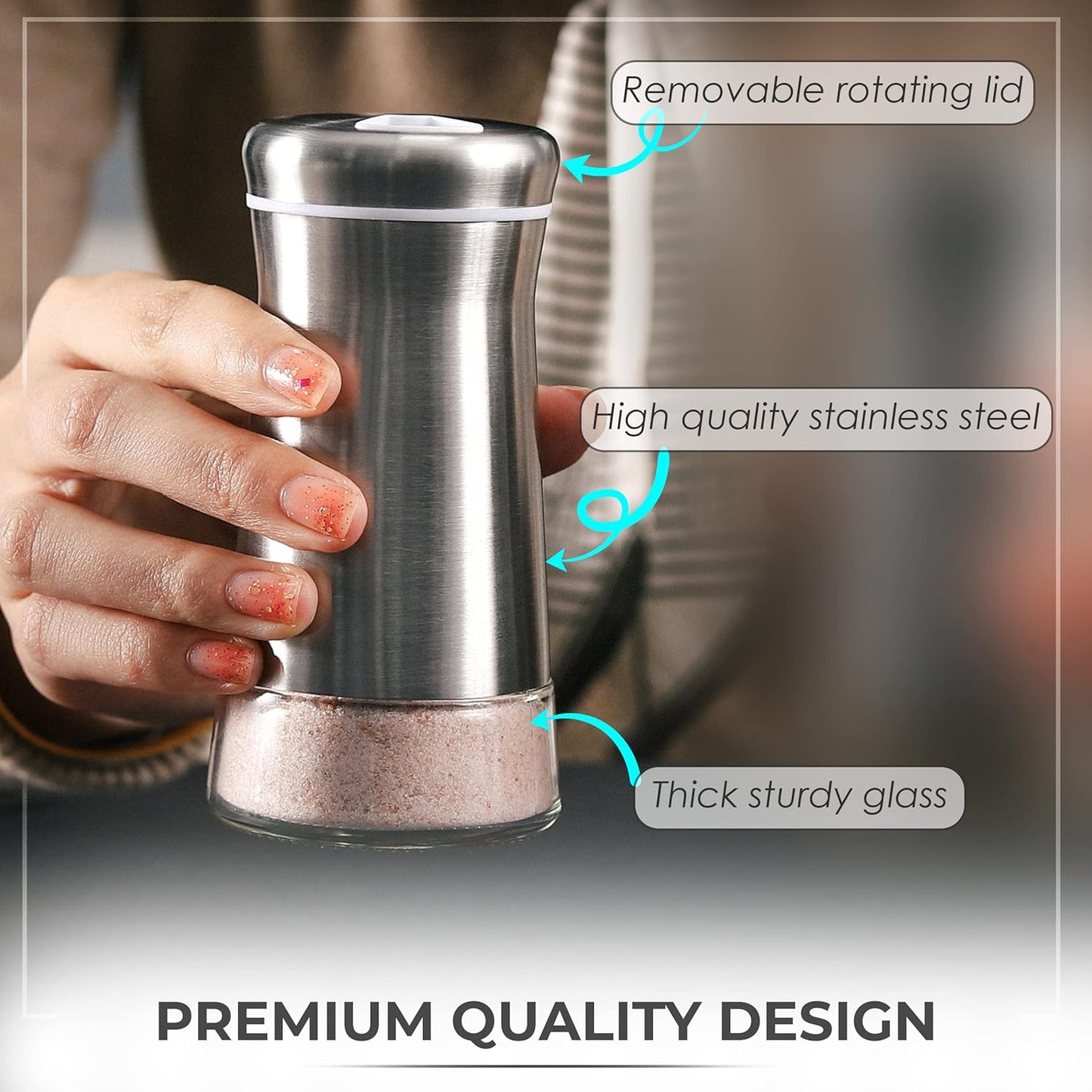 Salt Shaker or Pepper Shaker with Adjustable Pour Holes - Elegant Stainless Steel Spice Dispenser - Perfect for Himalayan, Table Salt, White and Black Pepper (Salt Shaker)