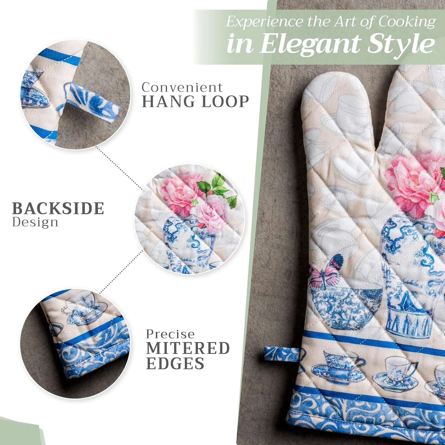 Maison d' Hermine 100% Cotton Oven Mitt & Pot Holder Set (7.5"x13" & 8"x8") Heat Resistant BBQ Cooking Gloves with Loop, Baking, Grilling, Kitchen, Handling Hot Pans Spring/Summer (Canton)