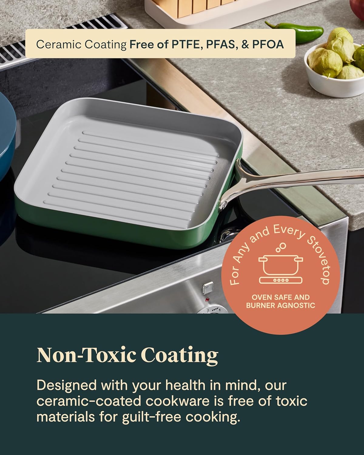 Caraway Square Grill Pan - 11” Grill Pan - Non-Stick Ceramic Coated - Non Toxic, PTFE & PFOA Free - Oven Safe & Compatible with All Stovetops - Gray