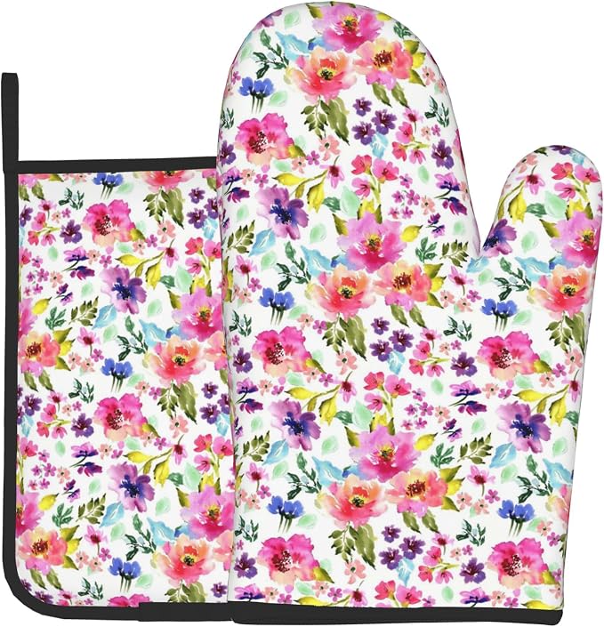Floral Oven Mitts and Pot Holders Sets Spring Summer Kitchen Mitts Colorful by DZGlobal