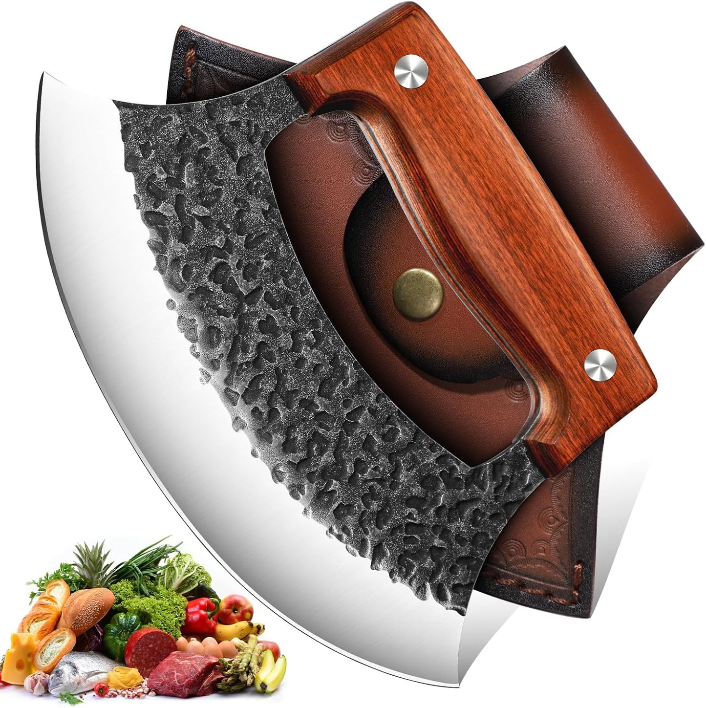 TIVOLI Hand-Forged Ulu Knife – Full Tang High Carbon Steel, Japanese-Inspired with Sheath & Gift Box, Mezzaluna Rocker Knife & Pizza Cutter for Kitchen, Camping & BBQ,Japanese Birthday Gifts for Men