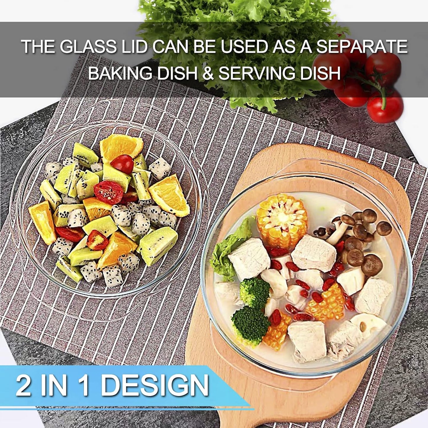 Round Tempered Glass Casserole Dish with Lid, Glass Casserole Baking Dish for Oven, Freezer and Dishwasher Safe - 3QT