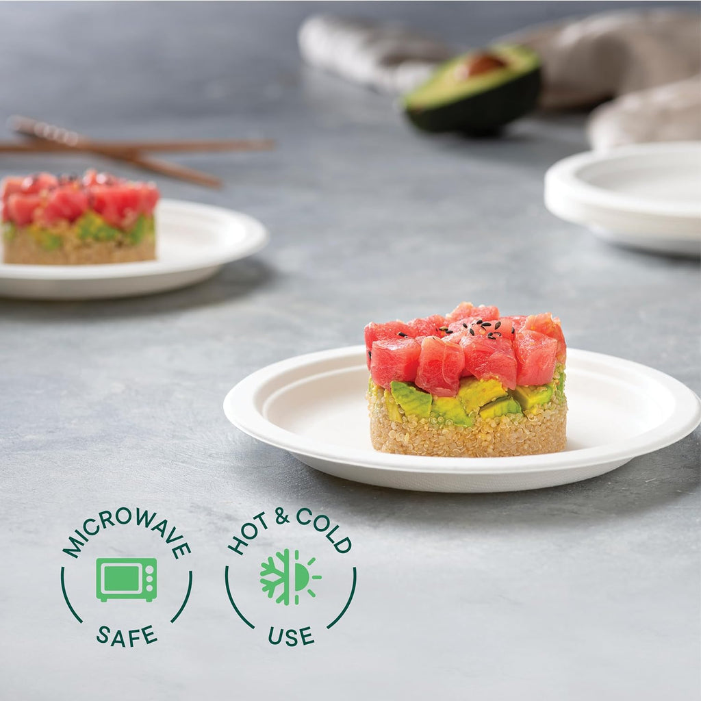 100% Compostable Paper Plates 7 Inch [1000 Count] Heavy-Duty Dessert Plates - Natural White Color Unbleached Bagasse - Eco-Friendly Disposable Biodegradable Sugarcane Plates - [Bulk Case 8/125 Pack]
