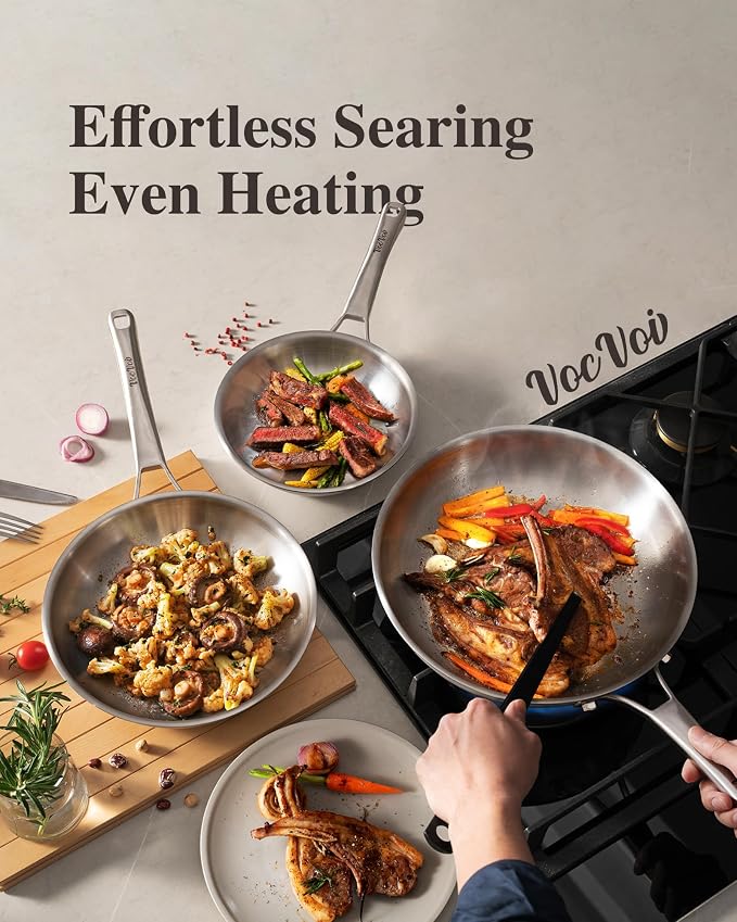 VocVoi Stainless Steel Pan Set, Frying Pan Set, 8/10/12 Inch Stainless Steel - Image 4