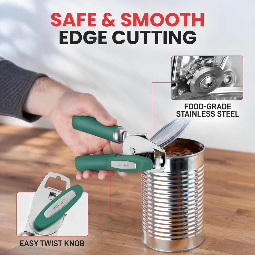Zulay Kitchen Heavy Duty Stainless Steel Can Opener Manual with Bottle Opener - Rust Proof Manual Can Opener With Turn Knob & Comfy Soft Grip Handles - Pine Green