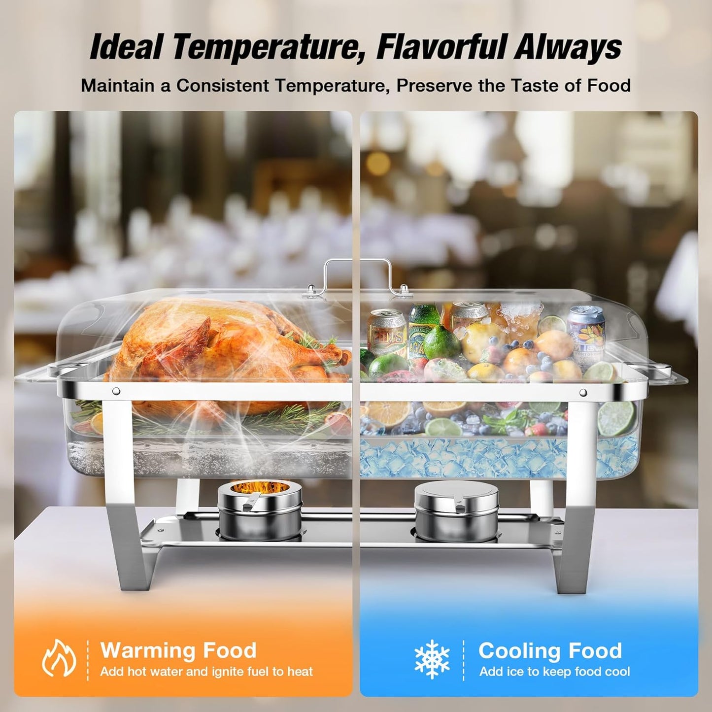 Chafing Dishes for Buffet 9QT 2 Pack, Easy Assembly, Food-Grade Stainless Steel Chafers for Catering w/Rolled Edge Design, Foldable Frame, for Party, Banquet (Full Size Food Pan)