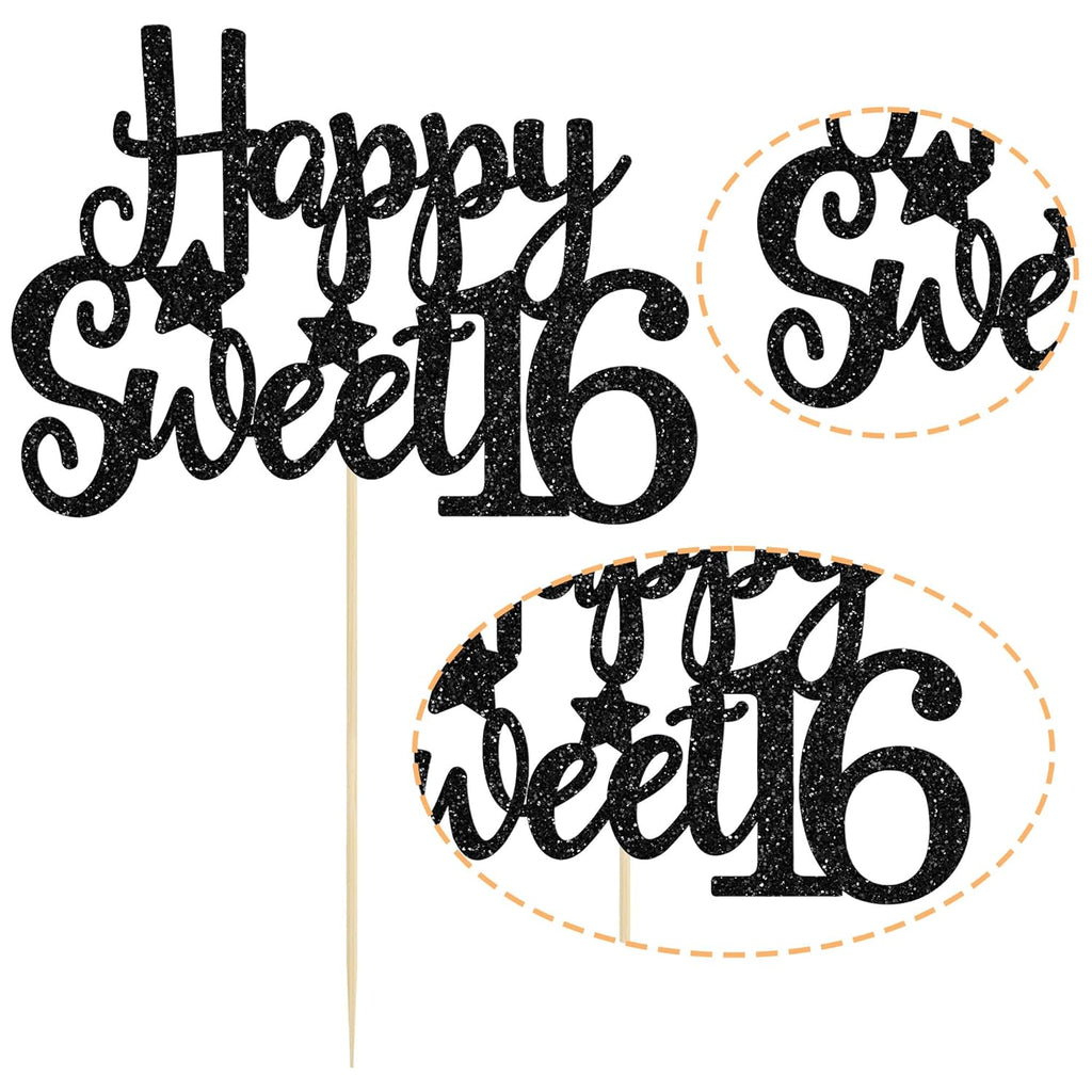 Gyufise 1Pc Happy Sweet 16 Cake Topper Glitter 16th Birthday Cake Pick for Cheers to 16 Years Old 16th Birthday Party Cake Decorations Supplies Black