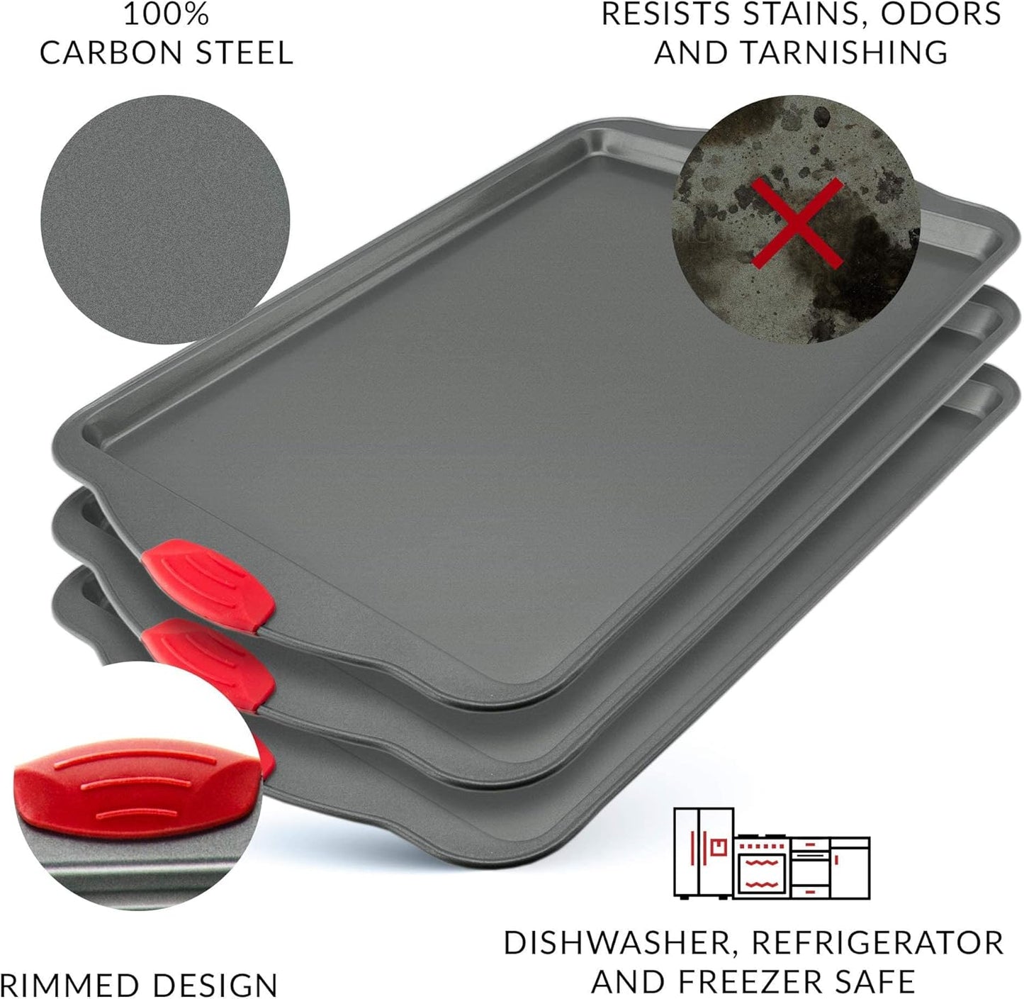 Premium Nonstick Baking Sheet Pans – Set of 3, Heavy-Gauge Carbon Steel, Warp, Dent, and Rust-Resistant – Gourmet Rimmed Half Cookie Sheet Trays, Non-Toxic for Exceptional Baking Performance