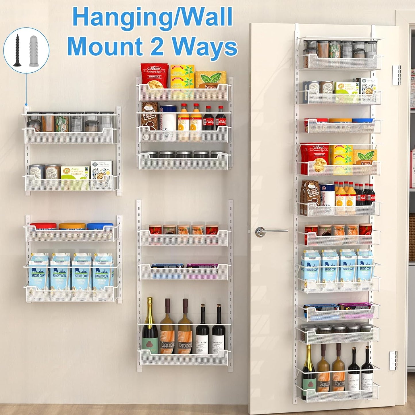 Over the Door Pantry Organizer, 10-Tier Over the Door Organizer with Adjustable Basket, Pantry Door Organization for Pantry Kitchen Storage Room Spice Rack, White
