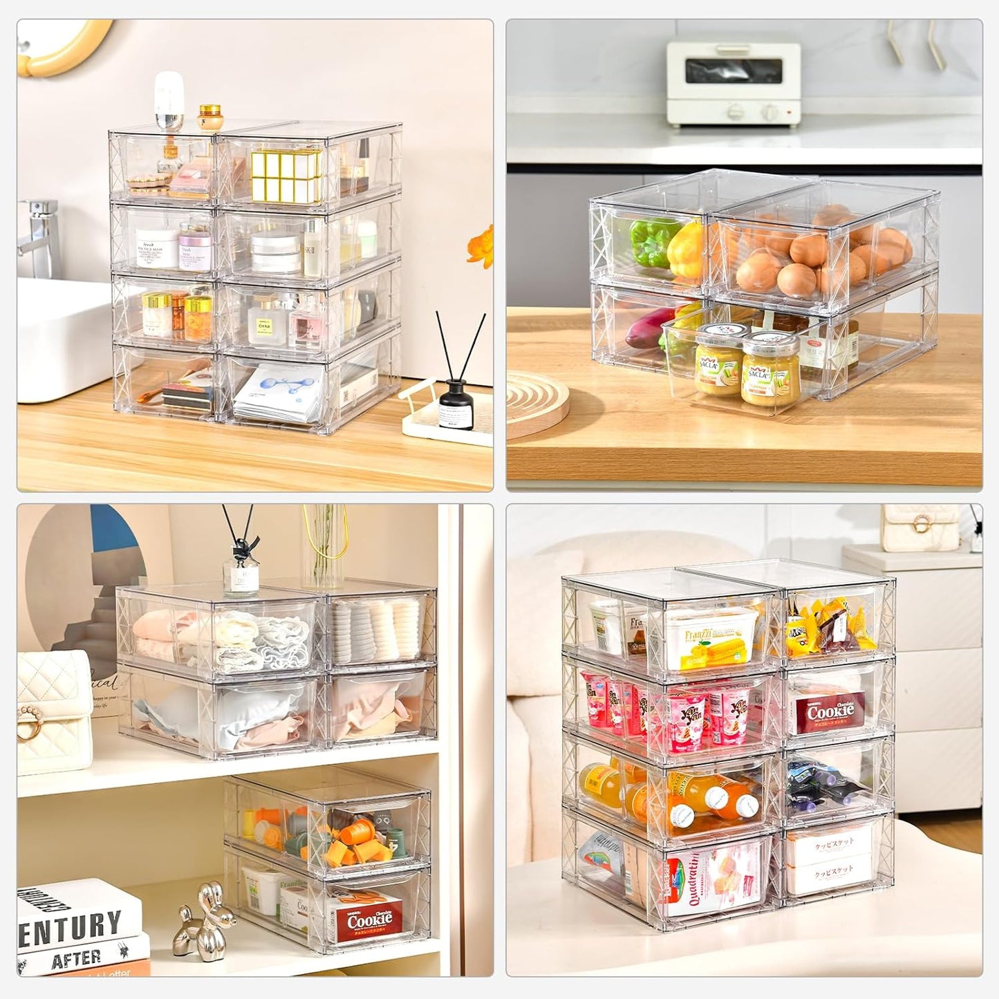 4Pack Clear Stackable Kitchen Storage Organizer,Pantry Organizers and Storage,Foods Organizer Bins with Handles, Easily Assemble for Bathroom, Kitchen, Refrigerator, Pantry, Cabinet, Closet