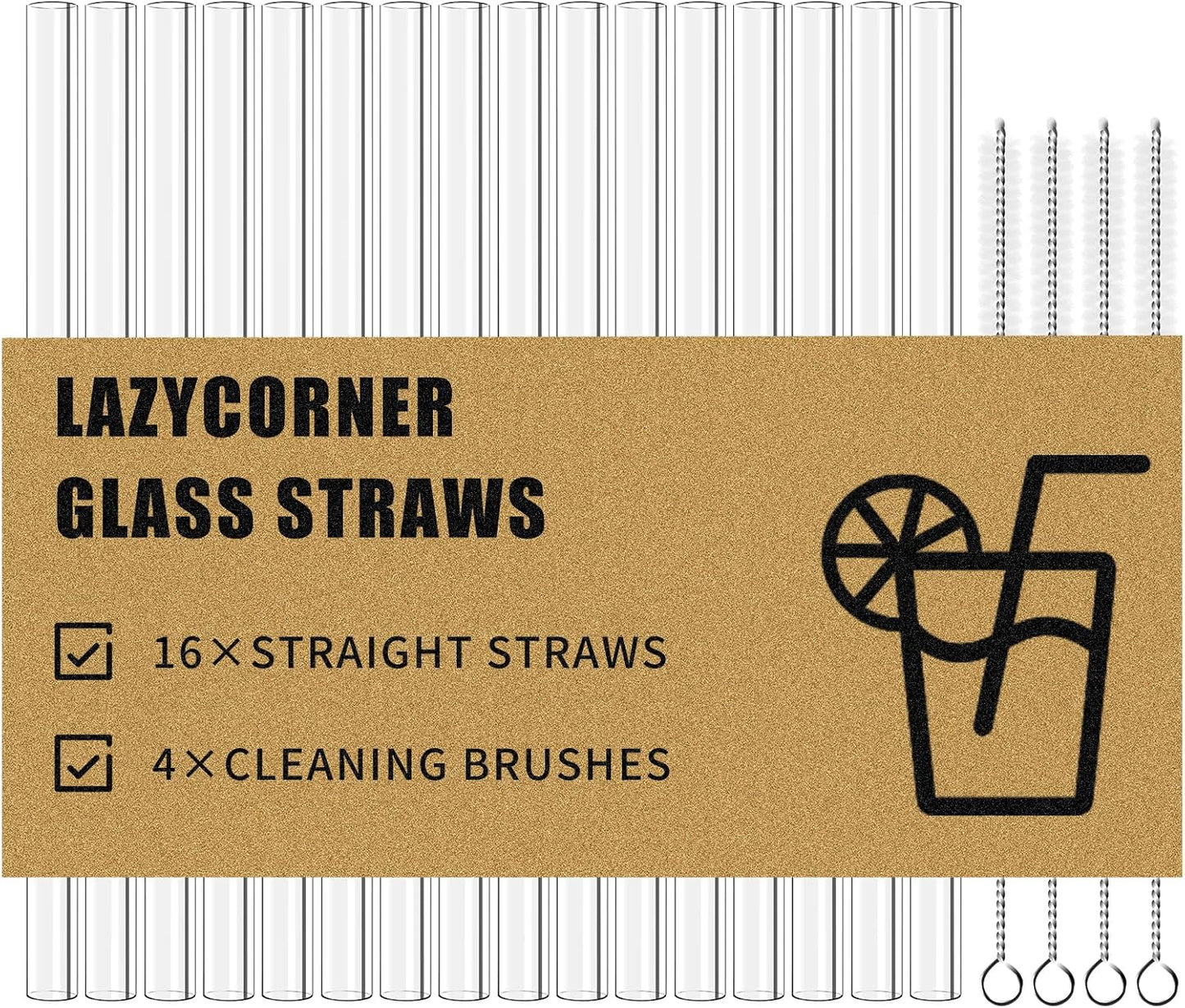 Lazycorner Reusable Glass Straws Set 16 Pcs 8.5''x 10MM Straight Clear Glass Drinking Straws, Set of 16 with 4 Cleaning Brushes. Reusable Straws Perfect For Smoothies, Tea, Juice-Clear Cocktail.