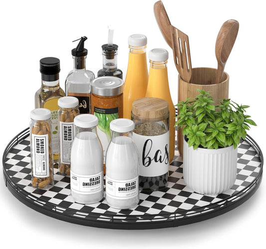 18" Black and White Kitchen Lazy Susan Turntable, Round Checkered Decorative Tray, Large Lazy Susan for Dining Table Centerpiece, Pantry, Kitchen, Bathroom, Countertop, Cupboard, Home Decor