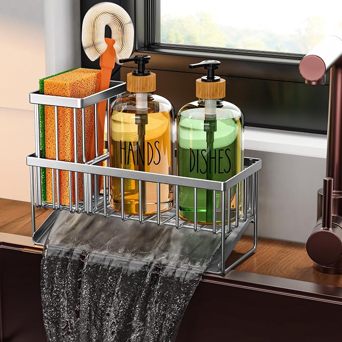 Cisily Kitchen Dish Soap Dispenser Set Stainless Steel Sponge Holder and 2 Pack by CISILYHOMELIFE