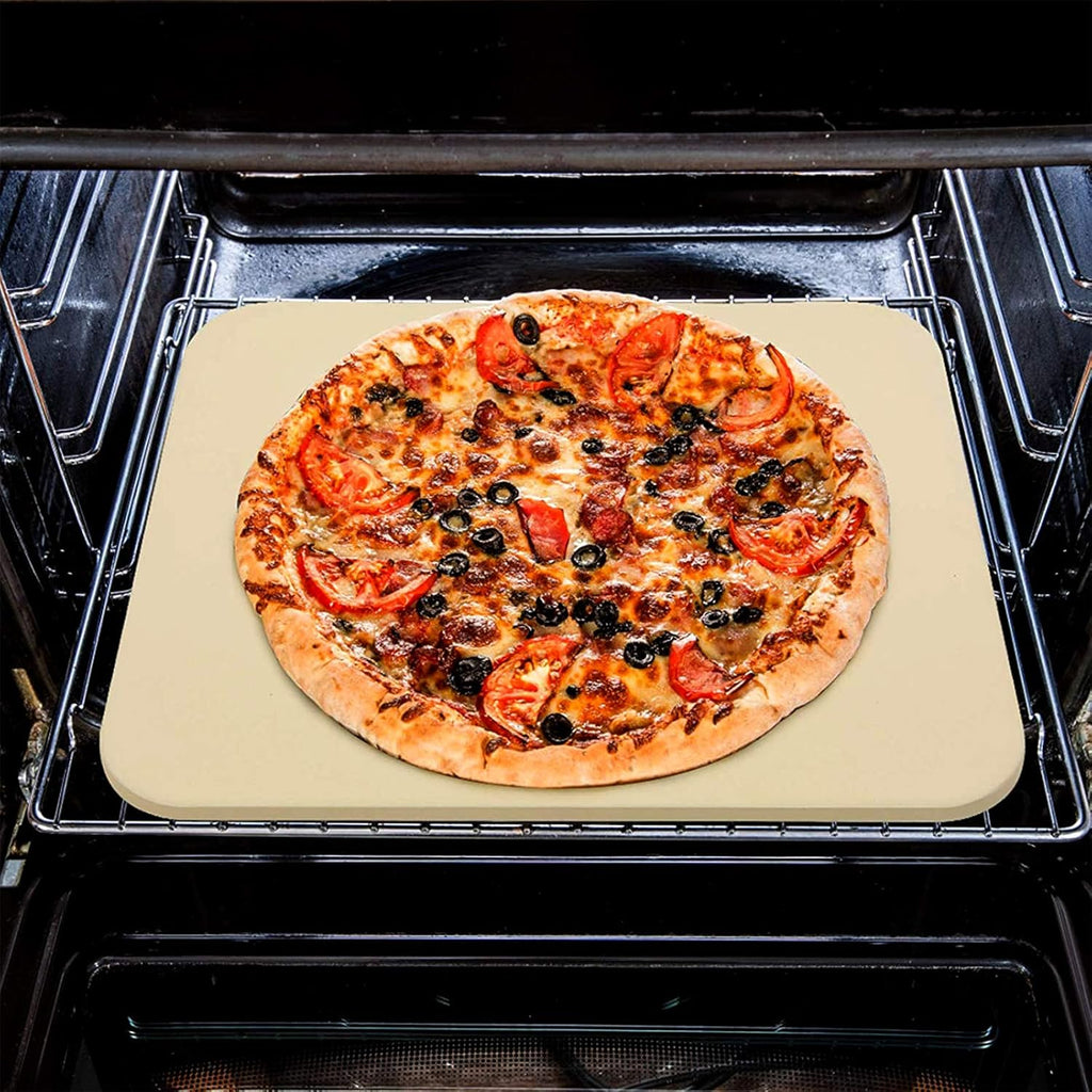 Pizza Grilling Tool Kit - Including 15 x 12 inch Pizza Stone with Metal Handle Rack, Rocker Pizza Cutter Blade with Wooden Safer Grip & Protective Cover – Premium Pizza Oven Grill Accessories