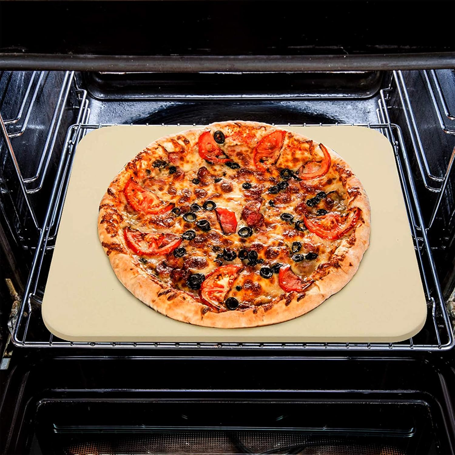 Pizza Grilling Tool Kit - Including 15 x 12 inch Pizza Stone with Metal Handle Rack, Rocker Pizza Cutter Blade with Wooden Safer Grip & Protective Cover – Premium Pizza Oven Grill Accessories