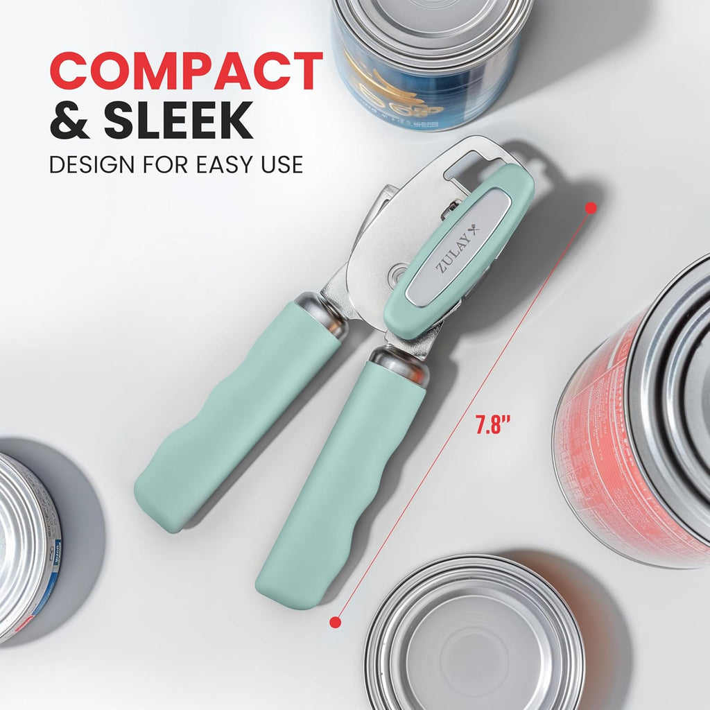 Zulay Kitchen Heavy Duty Stainless Steel Can Opener Manual with Bottle Opener - Rust Proof Manual Can Opener With Turn Knob & Comfy Soft Grip Handles - Mint