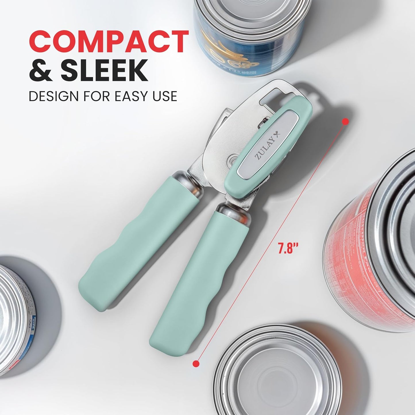 Zulay Kitchen Heavy Duty Stainless Steel Can Opener Manual with Bottle Opener - Rust Proof Manual Can Opener With Turn Knob & Comfy Soft Grip Handles - Mint