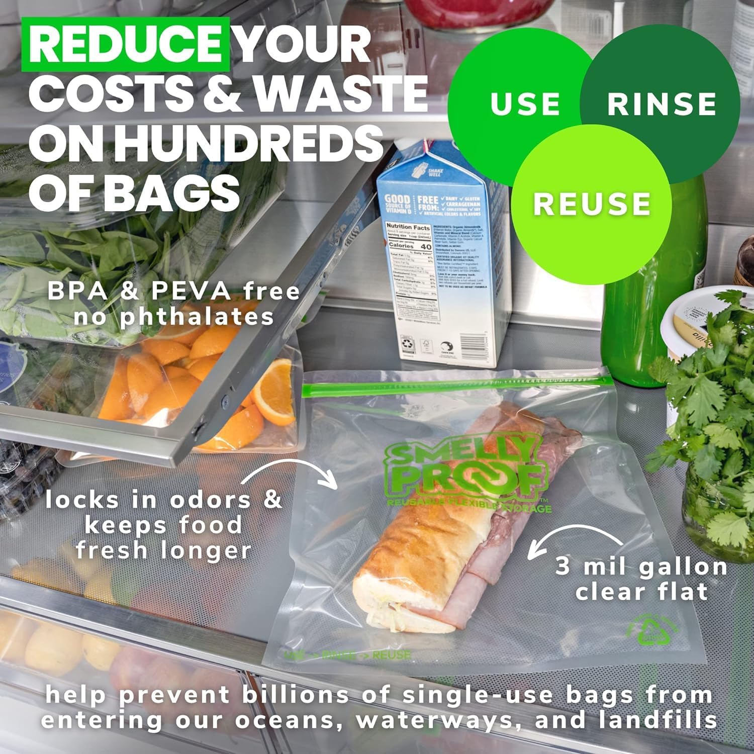 50pk Smelly Proof Reusable Food Storage Bags - Made in USA, Dishwasher-Safe, BPA FREE, NO PEVA, XL Clear FLAT 10.5" x 12"