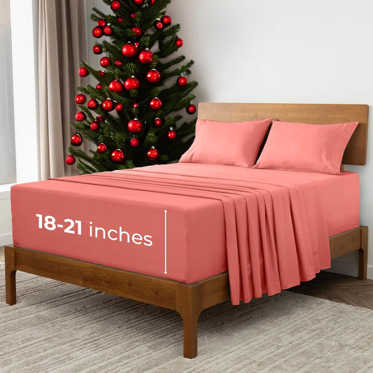 Mellanni Extra Deep California King Sheets - 4 PC Iconic Collection Bedding - Hotel Luxury, Ultra Soft, Cooling Bed Sheets - Wrinkle, Fade, Stain Resistant (Cal King, Coral)