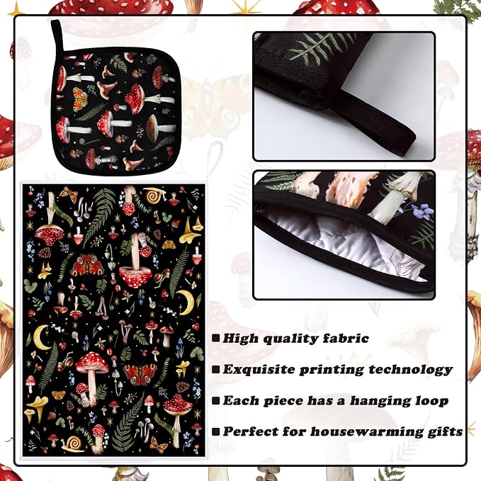 Bencailor 6 Pcs Mushroom Kitchen Towels Oven Mitts and Pot Holders Set - Image 5