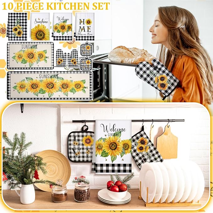 Fourluoo 10 Pcs Sunflower Kitchen Decor 4 Black and White Buffalo Plaid Dish - Image 2