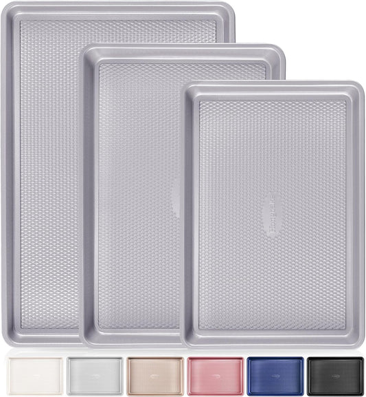HONGBAKE 3 Pack Nonstick Ceramic Baking Sheet Pan Set for Oven, Non-Toxic Half/Quarter/Jelly Roll Pans with Diamond Texture, Heavy Duty 0.8mm Aluminized Steel Cookie Trays for Cooking, Light Grey