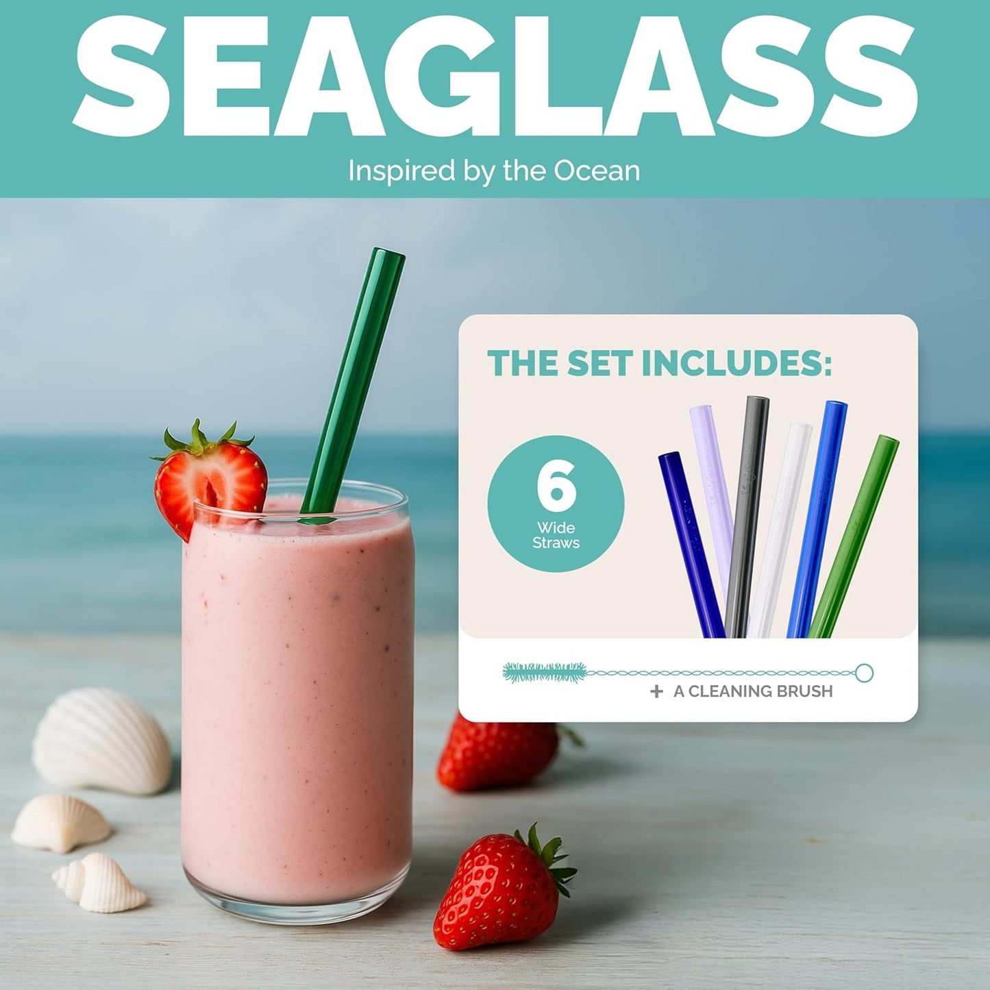 Simply Straws Wide Glass Straws (6-Pack) - 10in x 12mm Reusable Glass Smoothie Straws for Milkshakes, Juices & Slushies, with Cleaning Brush - Dishwasher Safe, Hot & Cold Use, BPA-Free (Seaglass)