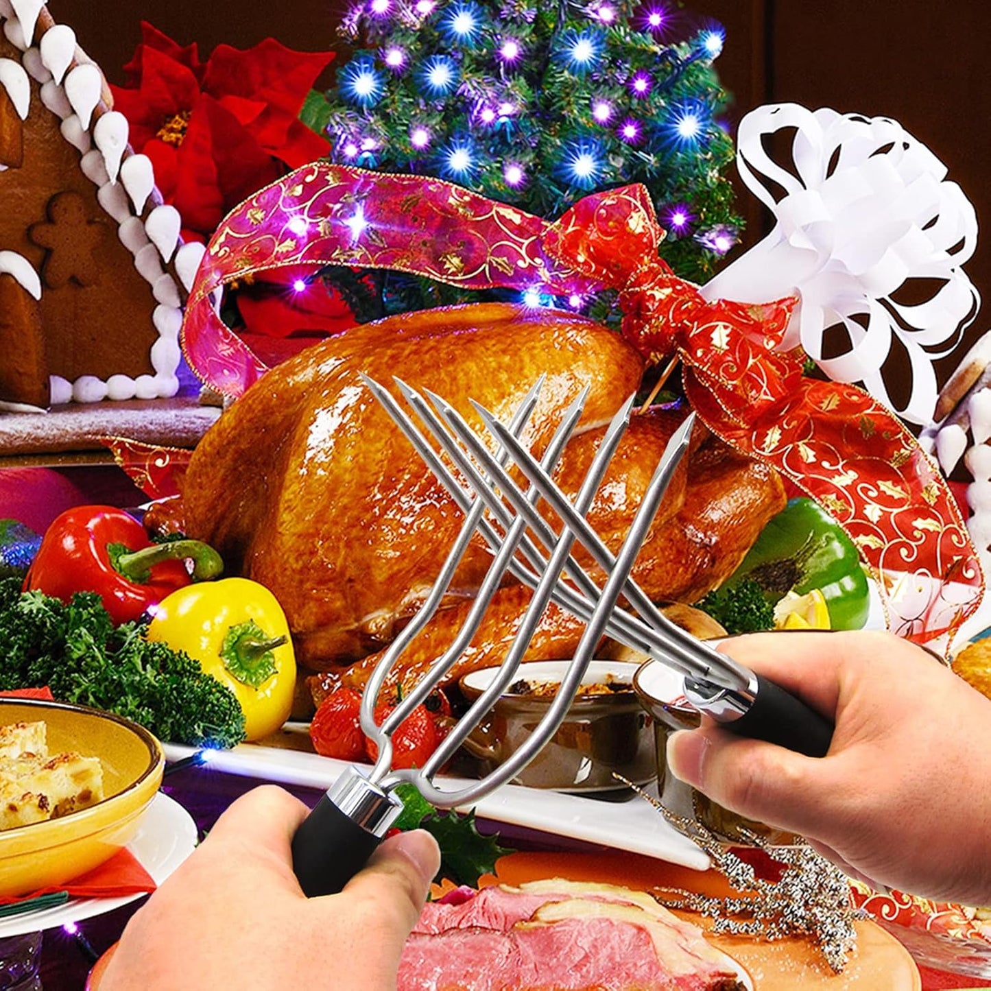 KAYCROWN Turkey Baster and Roast Lifters with Non-Slip Handle, Rubber Baster with 2 Marinade Needles & Stainless Steel Poultry Forks Set