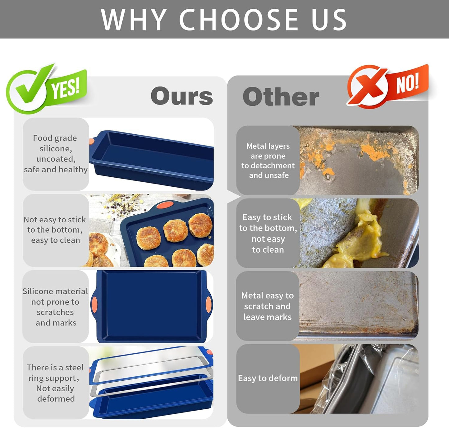 To encounter Silicone Baking Pans Set, 4 Pieces Nonstick Bakeware Set with Baking Pans, Baking Sheets, Cookie Sheets, Cake Pan with Grips and Metal Reinforced Frame More Strength, Navy Blue