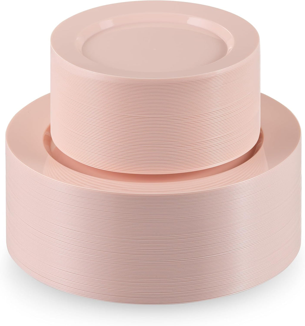 Munfix 100 Pink Plastic Plates Set, 50 Pcs 10 Inch Plastic Dinner Plates and 50 Pcs 7 Inch Plastic Dessert Plates, Elegant Fancy Heavy Duty Disposable Plates for Party, Wedding, Pink