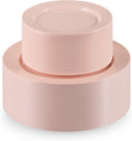 Munfix 100 Pink Plastic Plates Set, 50 Pcs 10 Inch Plastic Dinner Plates and 50 Pcs 7 Inch Plastic Dessert Plates, Elegant Fancy Heavy Duty Disposable Plates for Party, Wedding, Pink