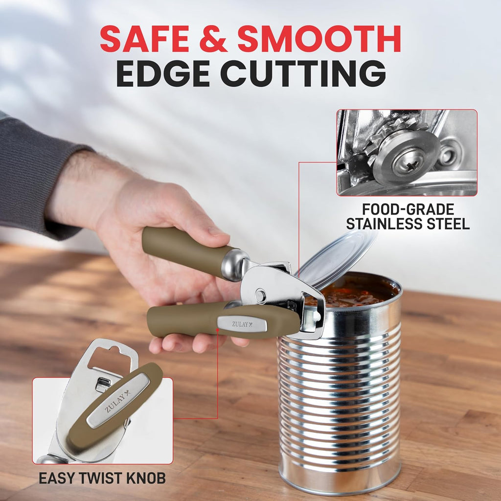 Zulay Kitchen Heavy Duty Stainless Steel Can Opener Manual with Bottle Opener - Rust Proof Manual Can Opener With Turn Knob & Comfy Soft Grip Handles - Brown