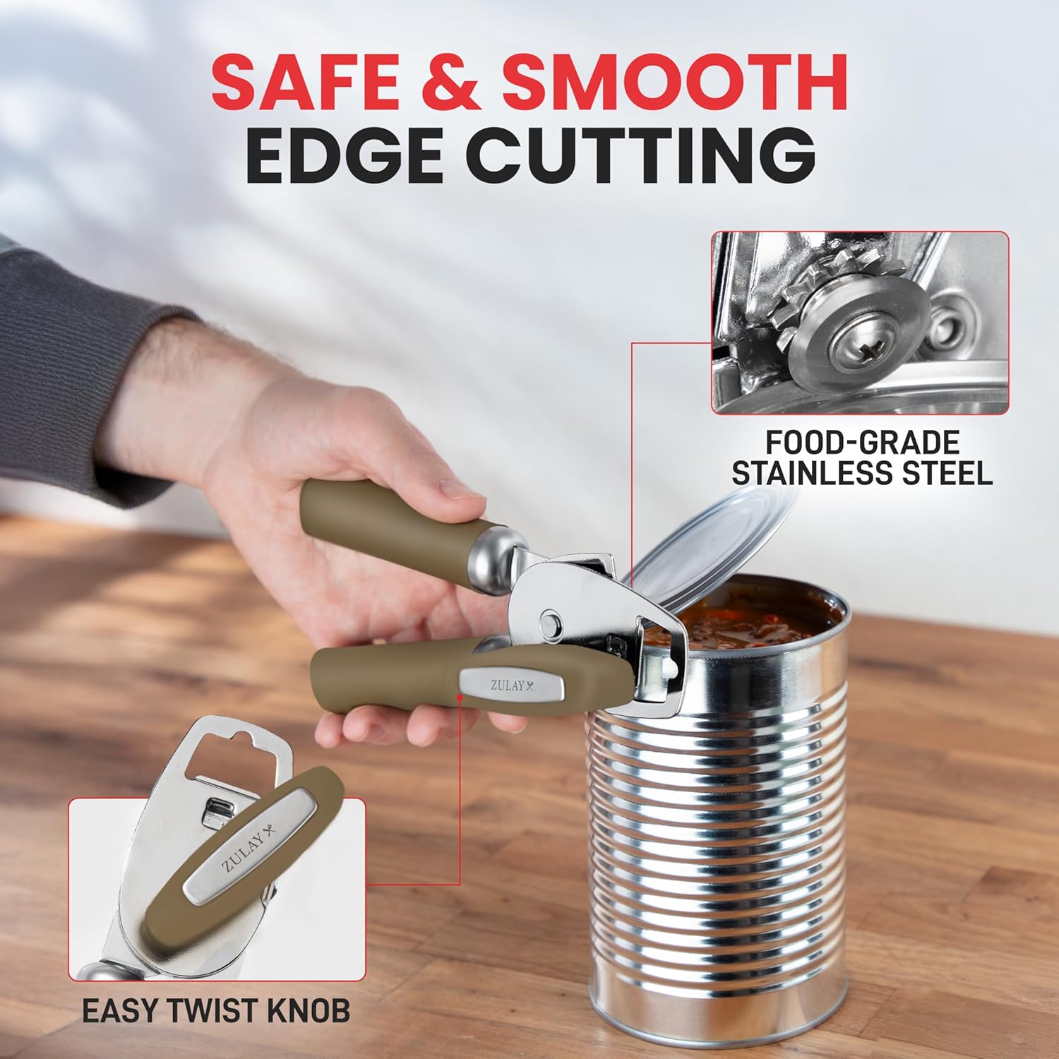 Zulay Kitchen Heavy Duty Stainless Steel Can Opener Manual with Bottle Opener - Rust Proof Manual Can Opener With Turn Knob & Comfy Soft Grip Handles - Brown