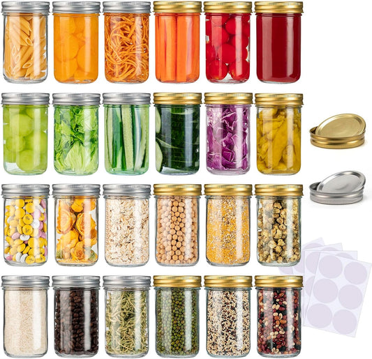 Mason Jars 8 oz, 24 Pack Canning jars 8 oz Jelly Jars With Regular Lids and Bands, Half Pint Glass Jars Ideal for Jam, Honey, Wedding Favors, Shower Favors