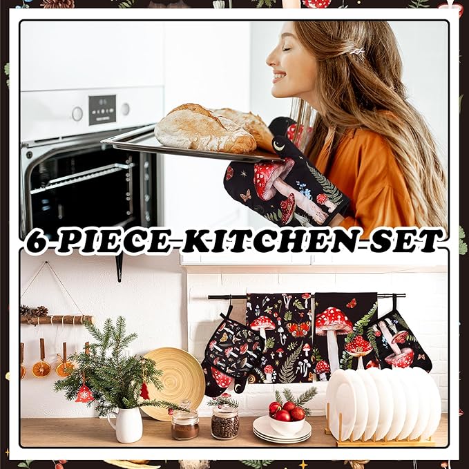 Bencailor 6 Pcs Mushroom Kitchen Towels Oven Mitts and Pot Holders Set - Image 2
