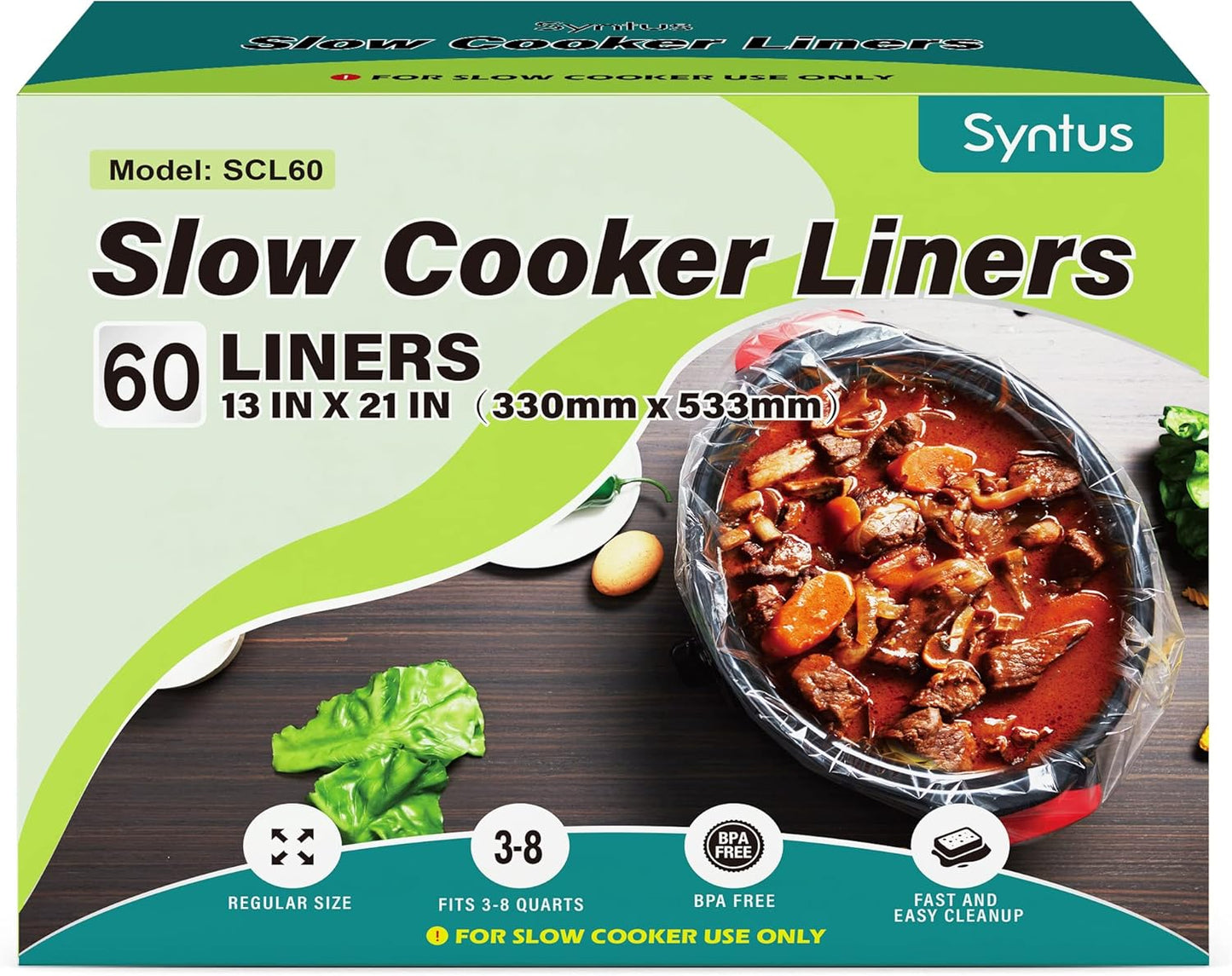 Syntus Slow Cooker Liners, 60 Count Cooking Bags Large Size Disposable Pot Liners Plastic Bags, Fit 3QT to 8QT for Slow Cooker Cooking Trays, 13"x 21", 60 Liners