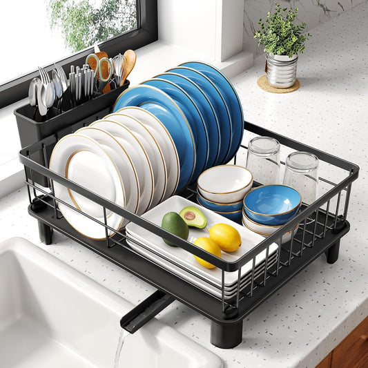 Dish Drying Rack - Small Dish Rack for Kitchen Counter, Stainless Steel Dish Drainer with Utensil Holder and Drainboard (Black)