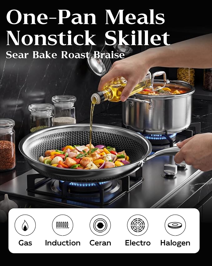 Honeycomb Stainless Steel Nonstick Frying Pan, Induction Cooktop Compatible - Image 4