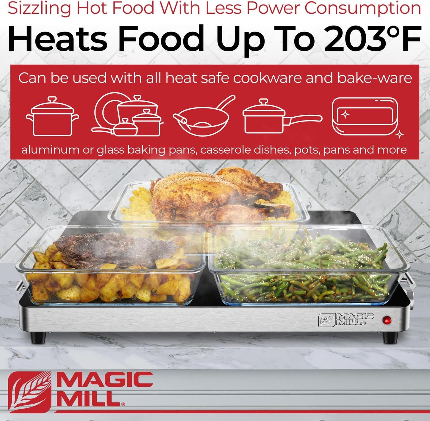 Magic Mill Extra-Large Glass Food Warmer 21x16 Warming Tray