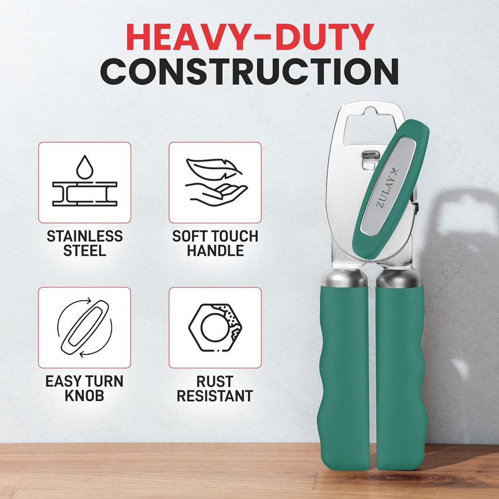 Zulay Kitchen Heavy Duty Stainless Steel Can Opener Manual with Bottle Opener - Rust Proof Manual Can Opener With Turn Knob & Comfy Soft Grip Handles - Pine Green