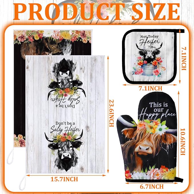Bencailor 6 Pcs Cattle Kitchen Towels Oven Mitts and Pot Holders Set Decorative - Image 3
