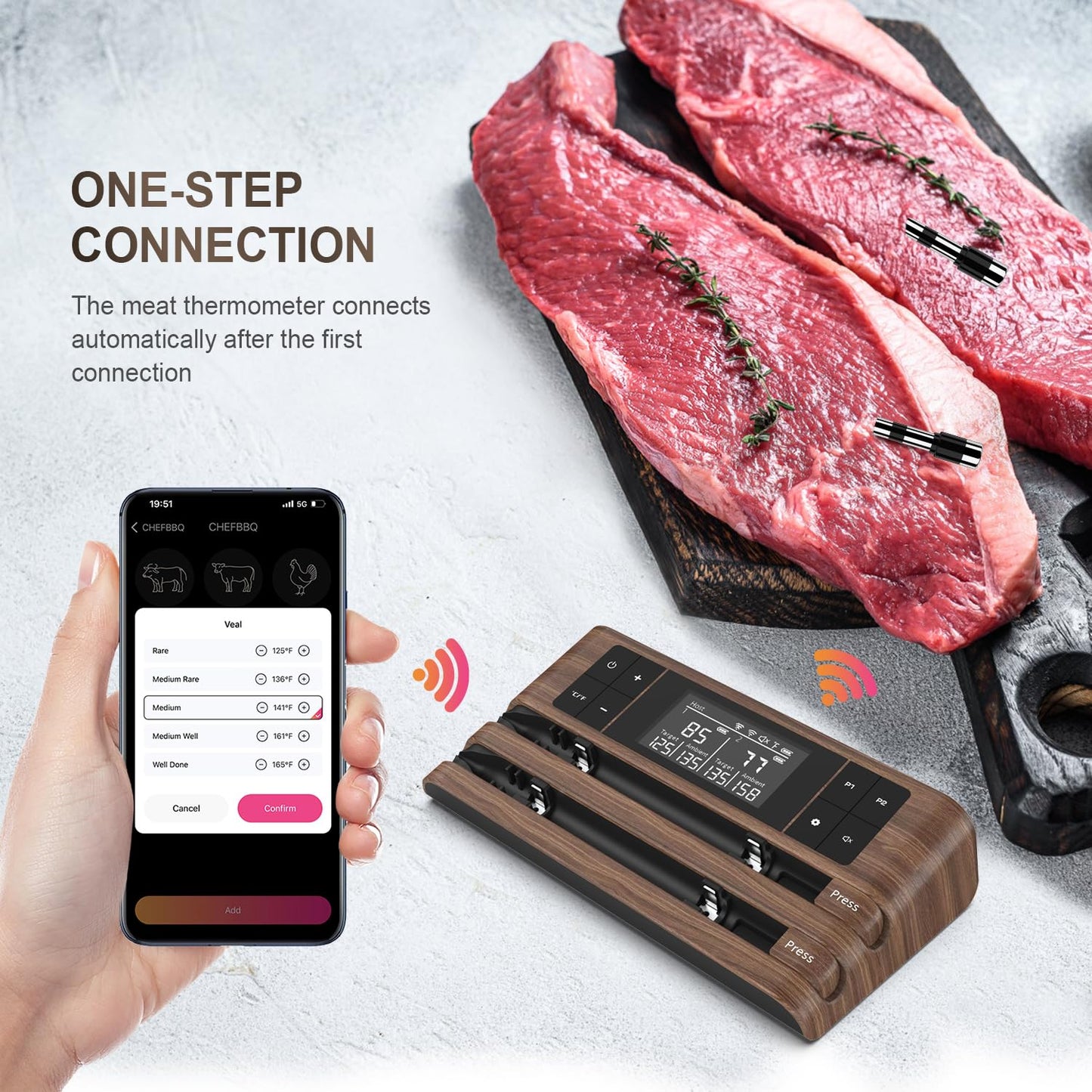 Wireless Smart Meat Thermometer with Dual-Sensor Probe, 500FT Remote Monitoring, Dedicated App, Real-Time Ambient and Food Temperature Tracking for Precise Cooking Control