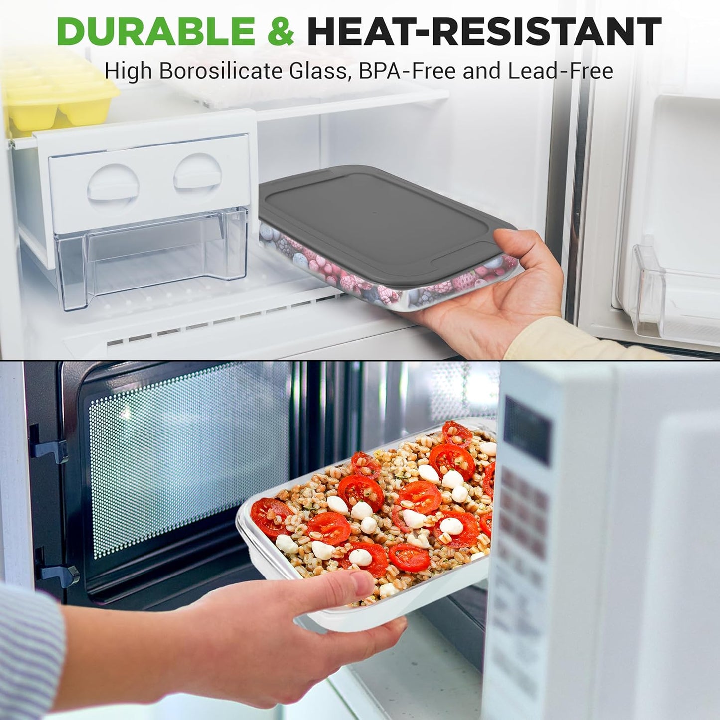 NutriChef 8-Piece Glass Baking Dish Set with Lids, (4 Stackable Rectangular Glass Dish and 4 BPA-Free Lids), Baking Pans for Lasagna, Meatloaf, Casserole, & Leftovers, Cooking, & Dishwasher Safe, Gray