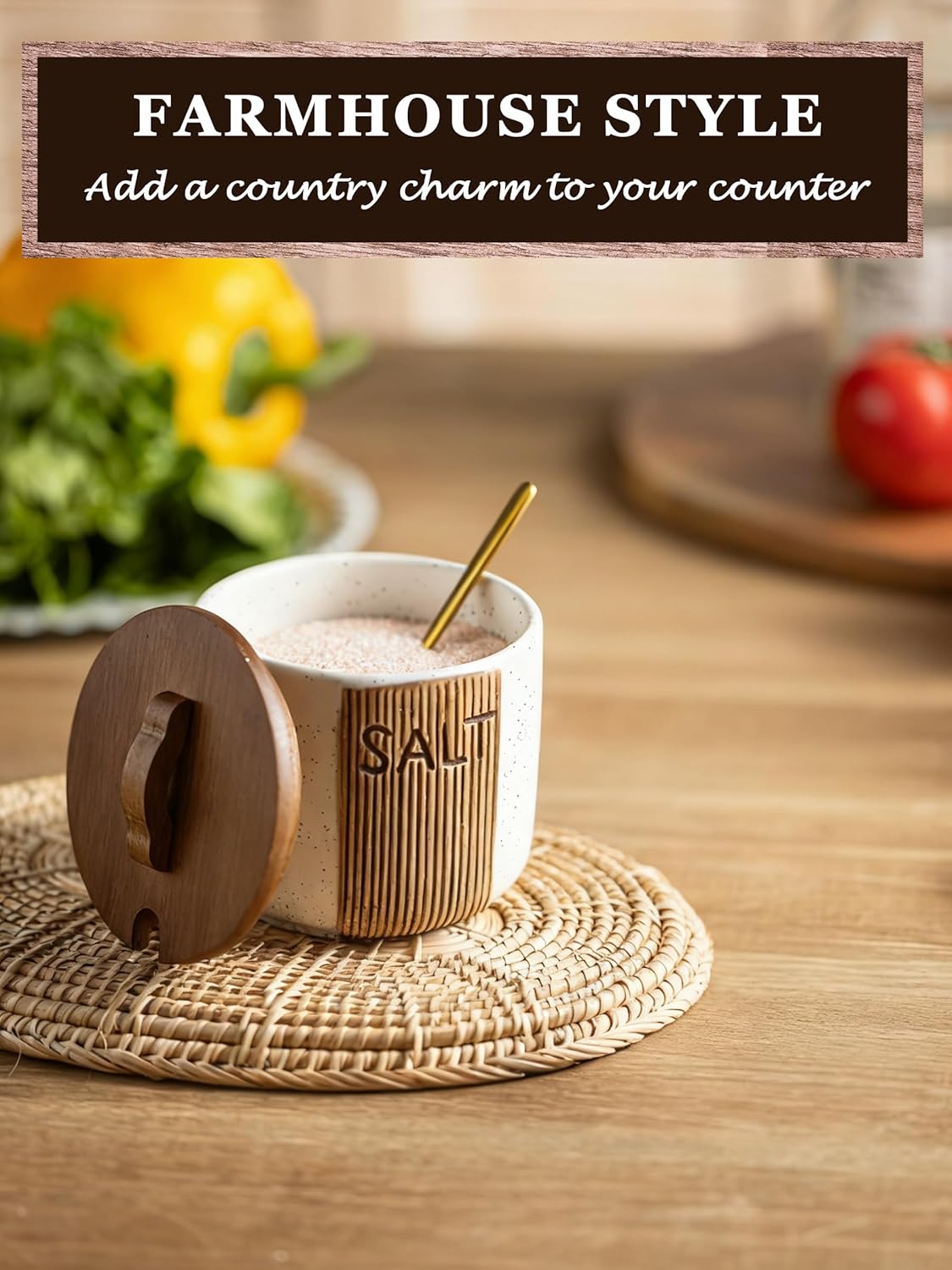 Salt Container for Countertop, Ceramic Salt Cellar with Lid and Spoons, 10 OZ Salt Bowl Holder, White